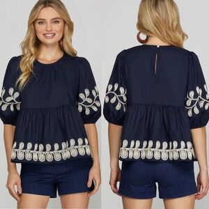 NWT She + Sky  Embroidered Puff Sleeve Top